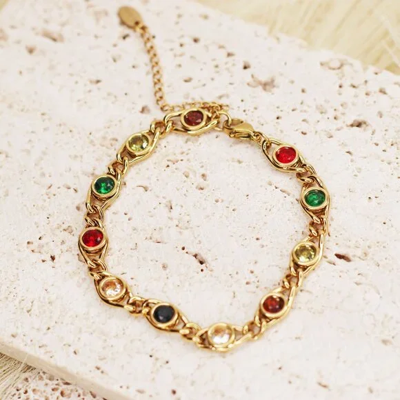 Fashion Colorful Zircon Bracelet Stainless Steel Real Gold Plated - Picture 1 of 2